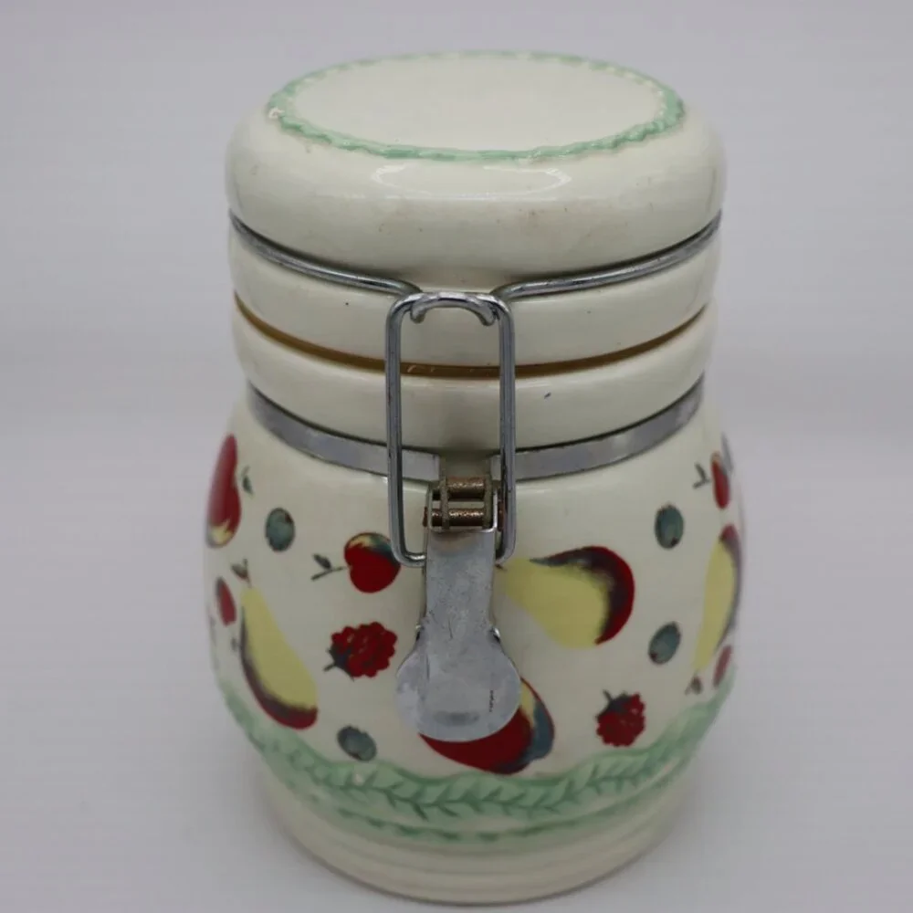 Vintage MSRF Inc. Cream Ceramic Fruit Canister Jar with Hinged Lid sealing  jar